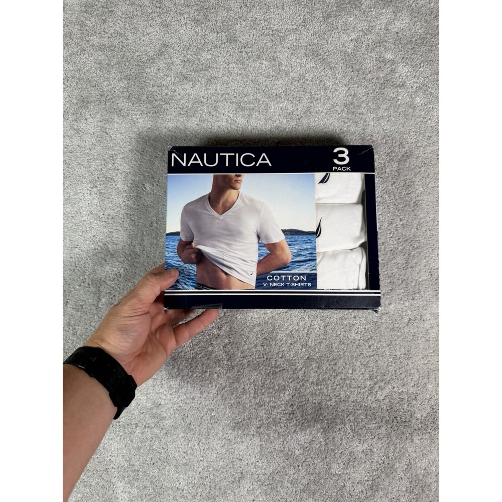 Nautica Mens 3 Pack Cotton V- Neck T-Shirts White Classic Fit Tagless Small New